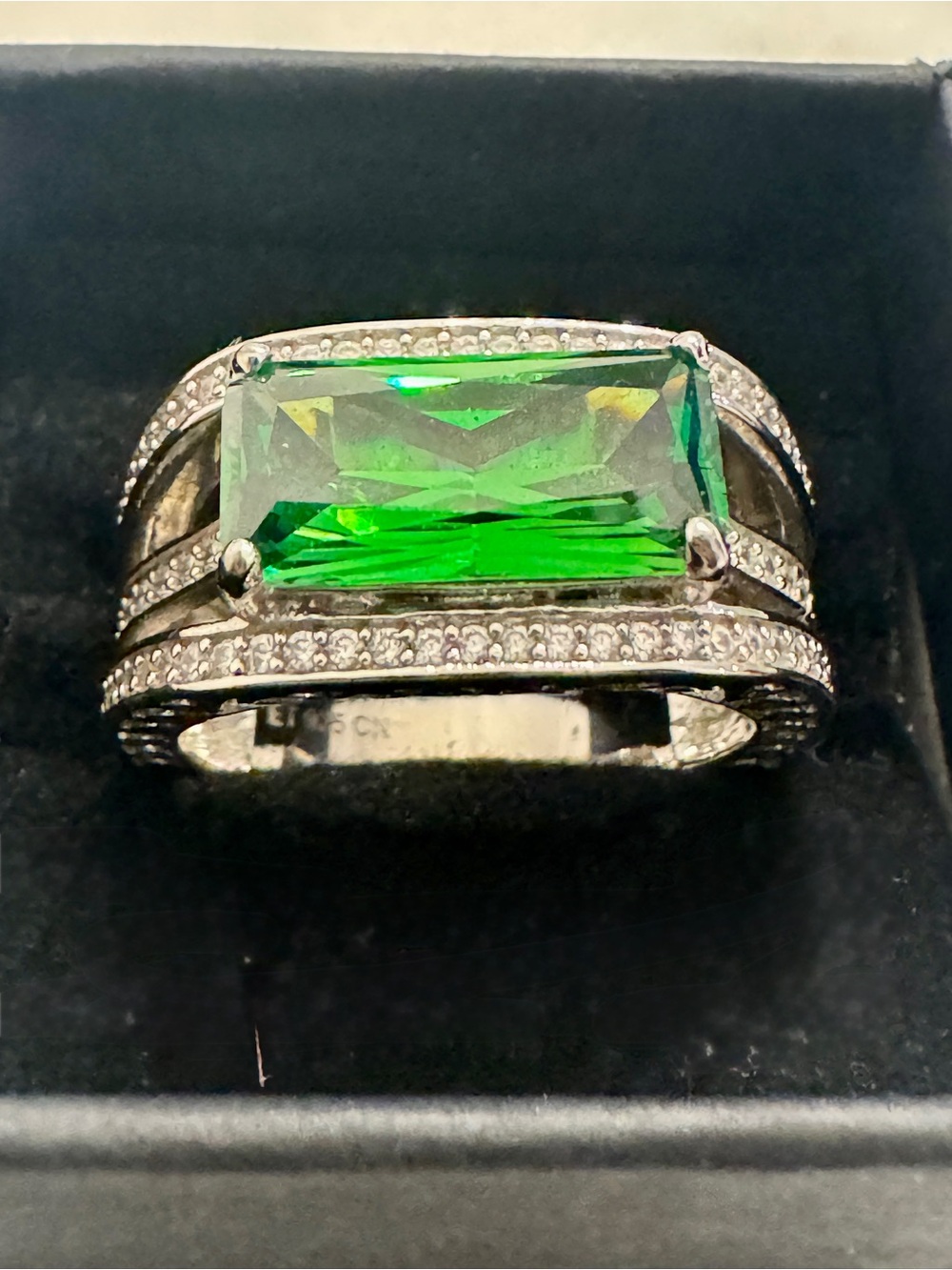 Green Crystal Sterling Silver Statement Ring with Pavé Accents